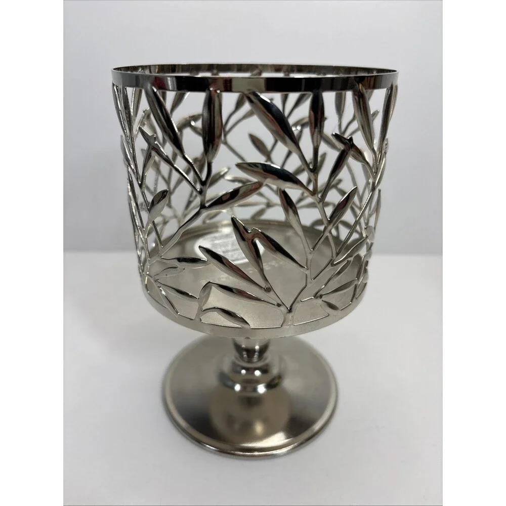 Bath & Body Works Vine Leaf Pattern Silver 3-Wick Pedestal 14.5 oz Candle Holder